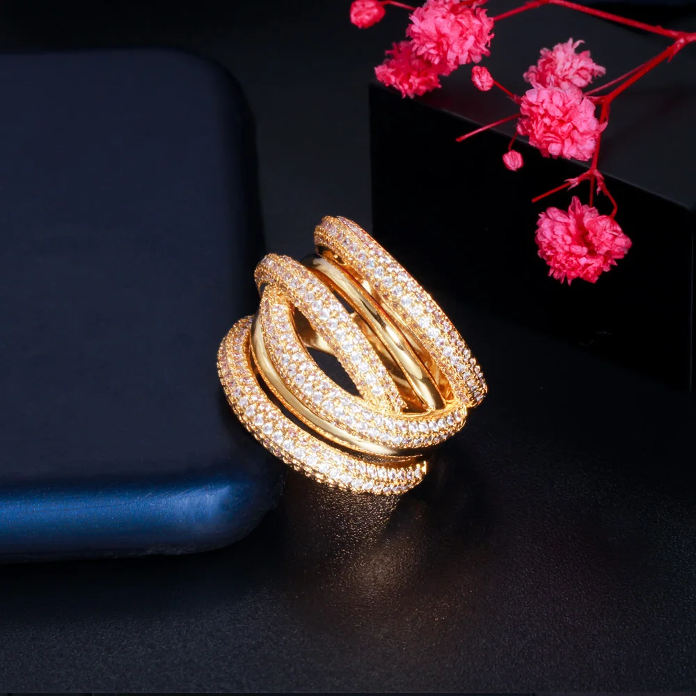 CWWZircons Multi Layered Twist Lines Luxury African Cubic Zirconia Big Wedding Engagement Ring for Women Dubai Gold Plated R196