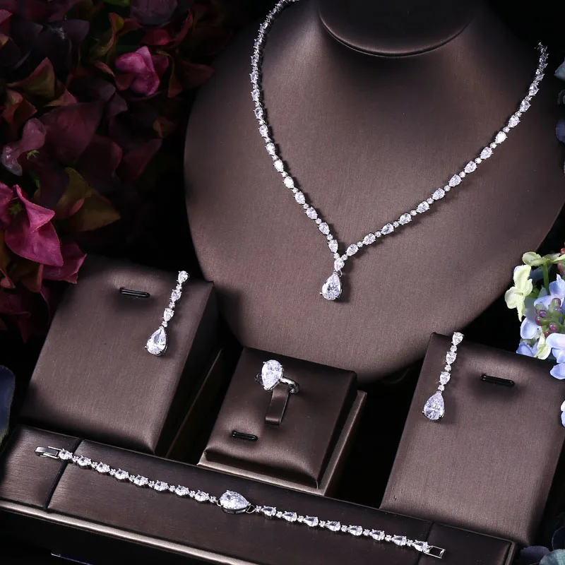 janekelly 4pcs Bridal Zirconia Full Jewelry Sets For Women Party, Luxury Dubai Nigeria CZ Crystal Wedding Jewelry Sets