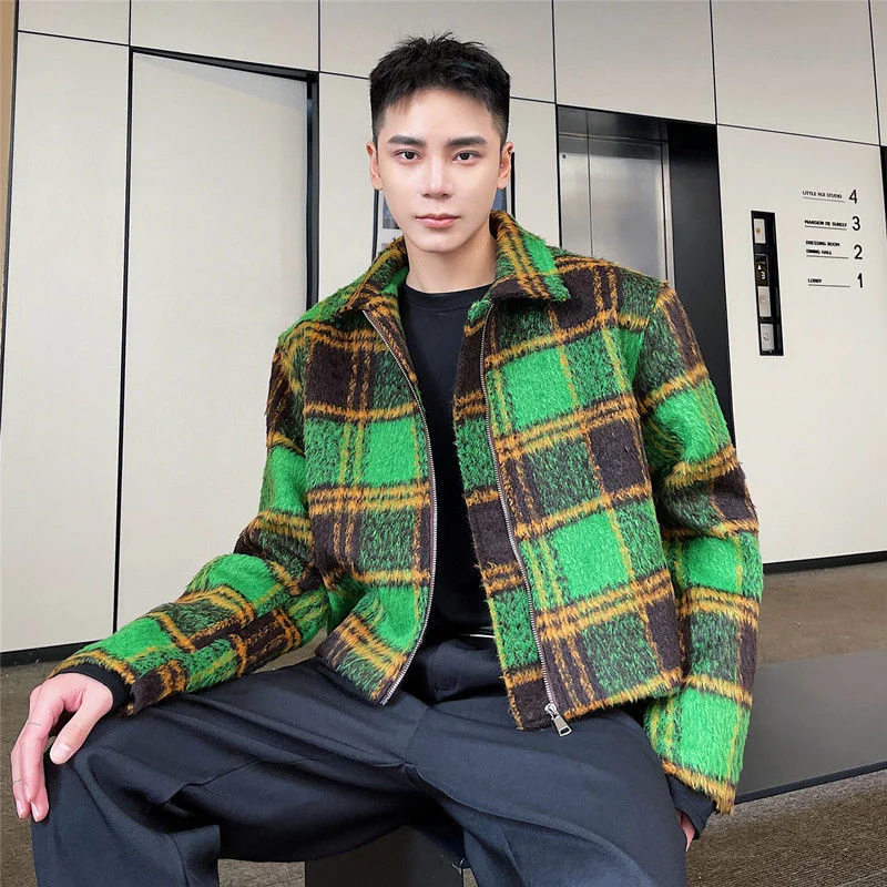 IEFB men\'s autumn winter Woolen Plaid short jacket vintage fashion Lapel zipped coat long sleeve colorblocked clothing