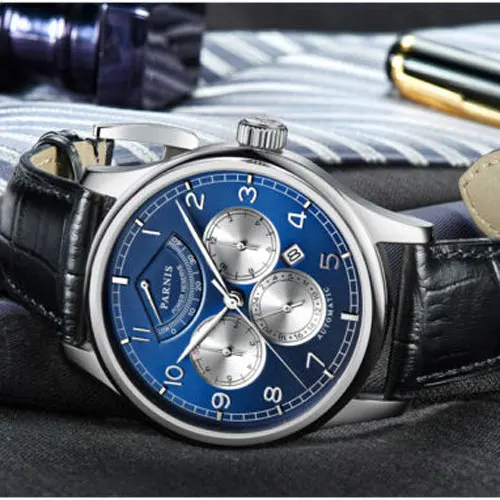 Parnis 26 Jewels Luxury 42mm Moon Phase Automatic Men Watches Leather Strap Miyota 9100 Blue DIal Power Reserve