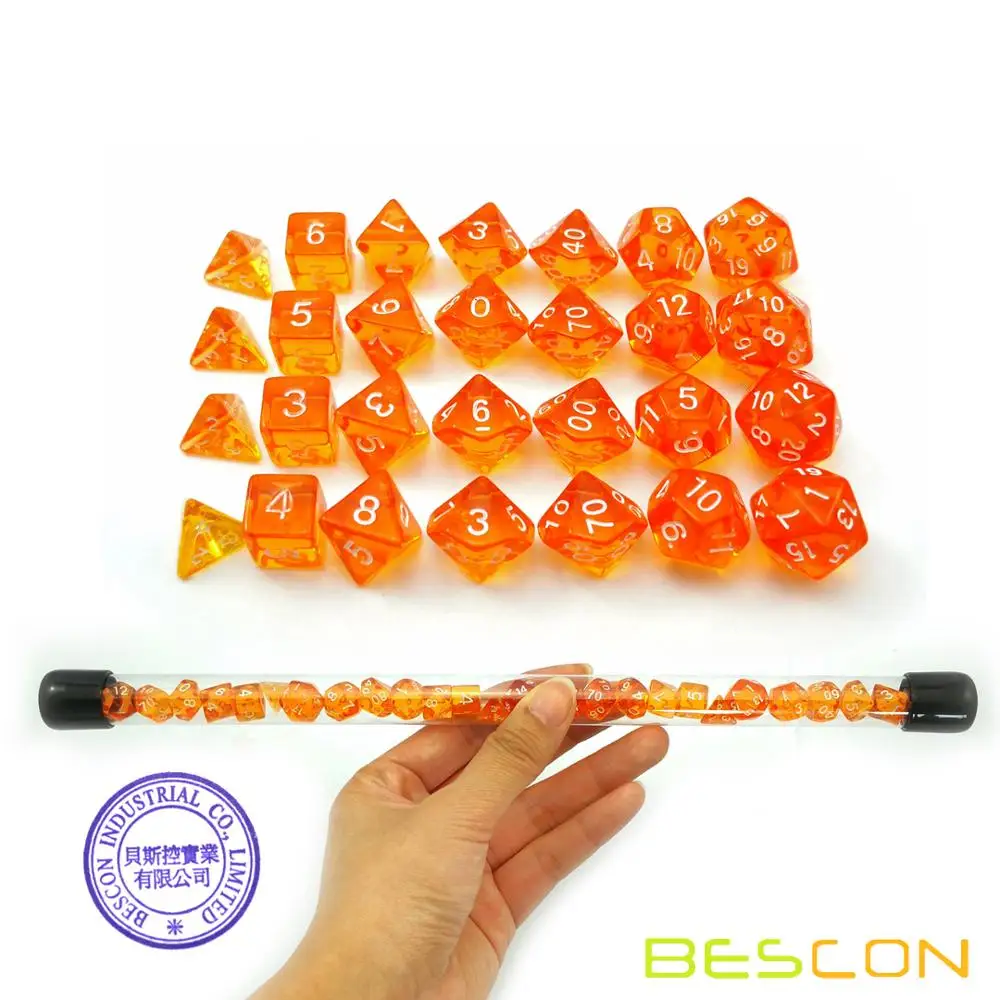 Bescon 28pcs Traslucido Arancione Mini Dadi Poliedrici Set in Tubo, Mini RPG Dadi 4X7pcs, mini Gemma Dadi Tubo Set