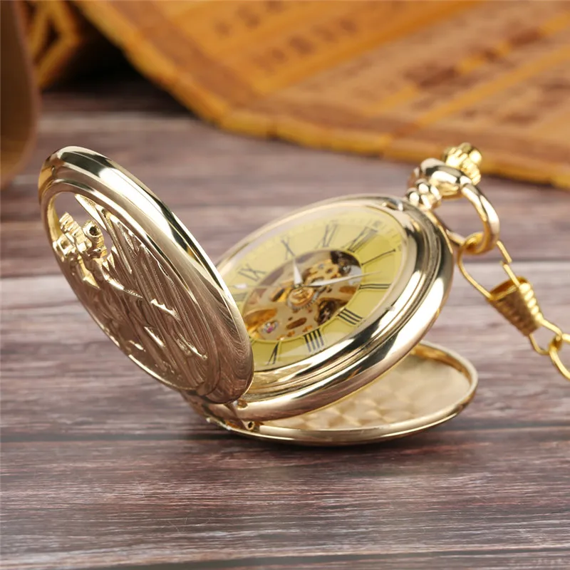 Luxury Yellow Golden Double Hunter Mechanical Hand Wind Pocket Watch for Men Women Hollow Elk Case Pendant Necklace Chain Gift