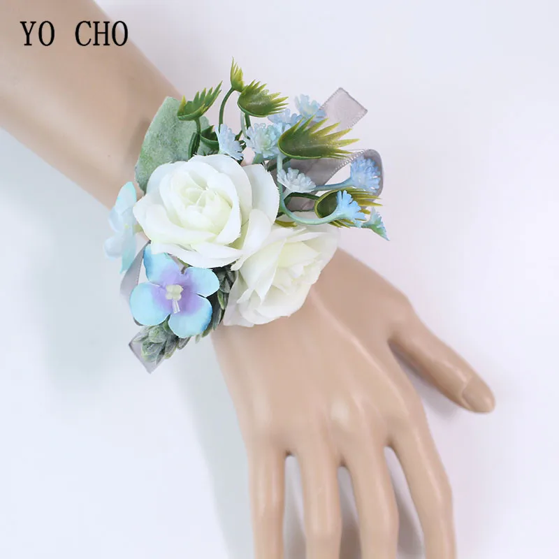 

YO CHO Silk Rose Wedding Bracelet Flower White Blue Wrist Corsage Bridesmaid Bride Wedding Corsage Bracelet Marriage Accessories