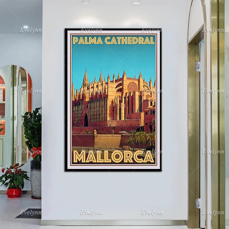 

Retro Vintage Style Travel Poster Palma Cathedral Mallorca Oil Painting Posters and Prints on Canvas Wall Art Modular Pictures