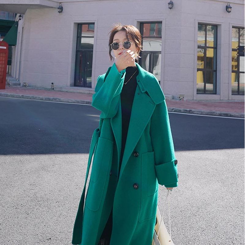 High-End Green Woolen Coat Women's Autumn Winter Long Coats 2023 New Elegant Double Breasted Overcoat Thick Warm Wool Outerwear