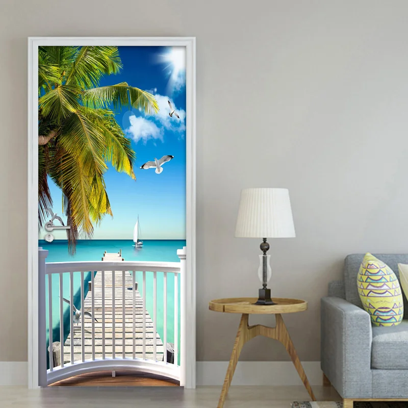 DIY Self Adhesive Door Sticker Mural 3D Balcony Sea View Photo Wall Decals Living Room Bedroom Door Decoration Wall Paper Modern