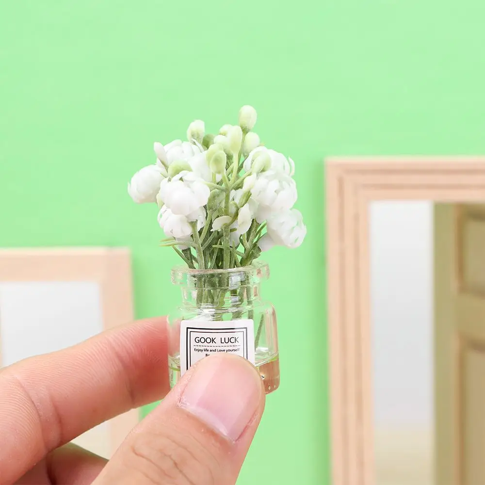 1:12 Scale Dollhouse Flower Vase Doll Miniature Accessories Pink Rose White Jasmine Mini Floral Arrangement Miniature Model Toys