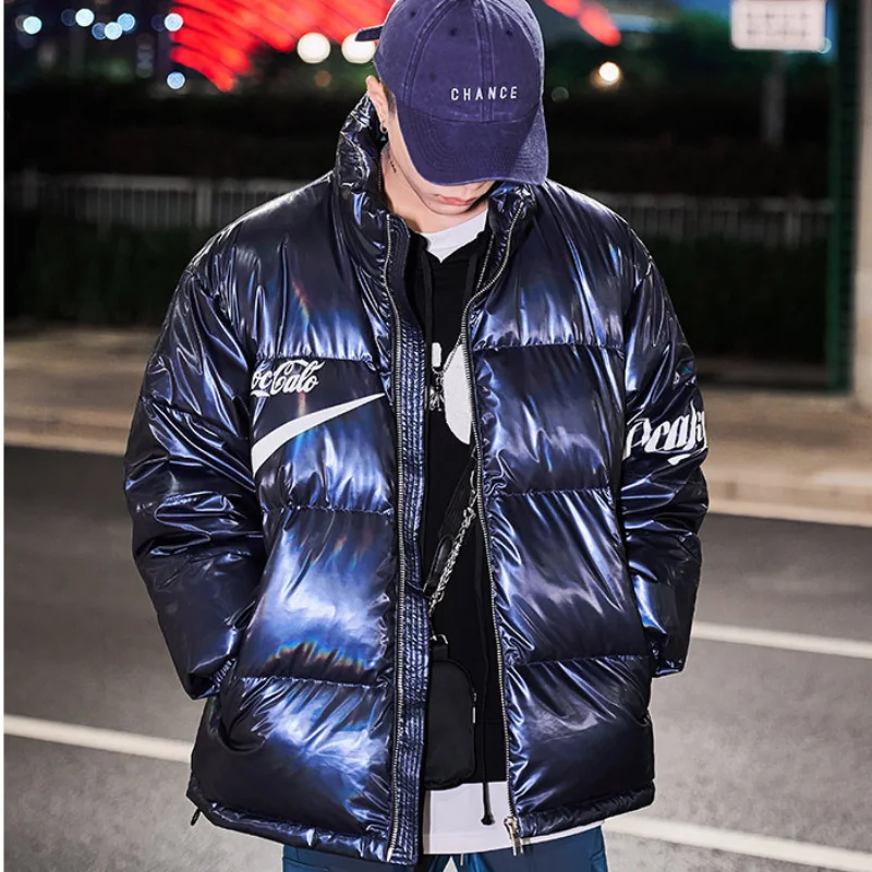 Glossy Down Jacket Pu Men 2021 Winter New Thickened Solid Color Casual Clothing Loose Plus Size Keep Warm White Duck Down Coat