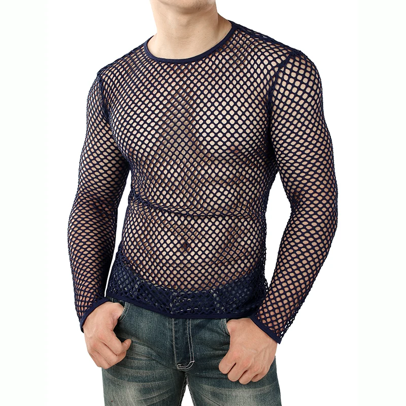 White Mesh See through Fishnet T-shirt Men 2021 Sexy New Long Sleeve Transparent Tee Shirt Homme Hip Hop Streetwear Camisetas