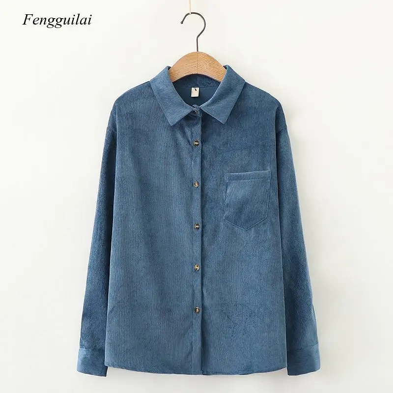 Solid Color Women's Corduroy Shirt 2021 Spring New Women Long Sleeve Blouse Casual Large Size Loose Blouses Lady Tops