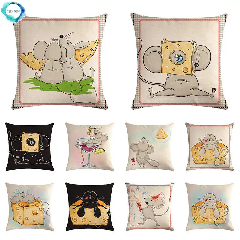 

Cartoon Mouse Pattern Cotton Linen Pillow Cover Cushion Cover Cheese Printed Car Sofa Chair Throw Pillow Cover 45x45cm