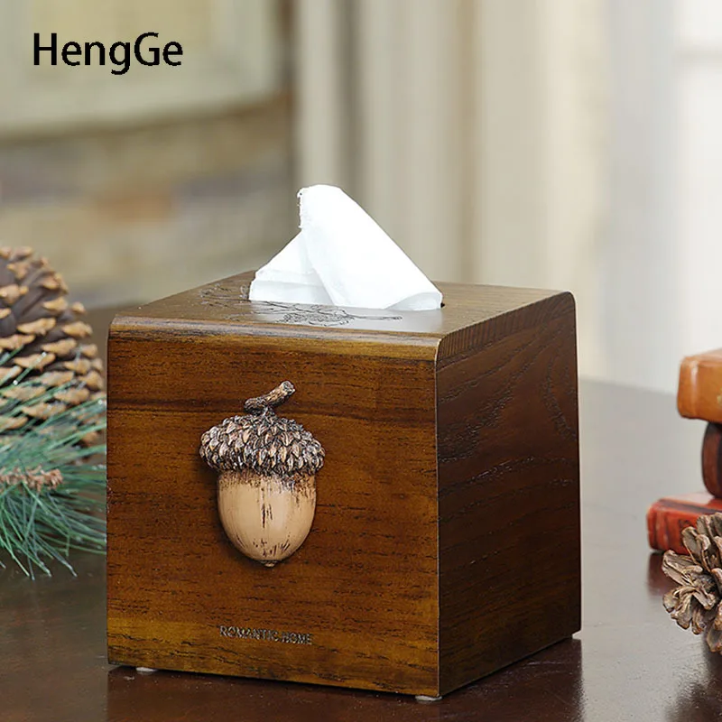 Nordic Solid Wood Tissue Box Desktop Decor Creativity Pine Cones Relief Square Tissues Holder Coffee Table Desktop Paper Box