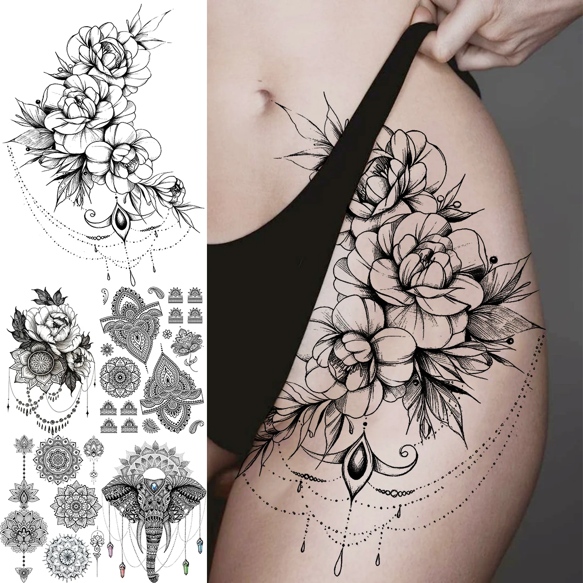 Black Peony flower pendant Temporary Tattoos For Women Adult Mandala Thigh elephant Fake Tattoo Sexy washable tatoos decal