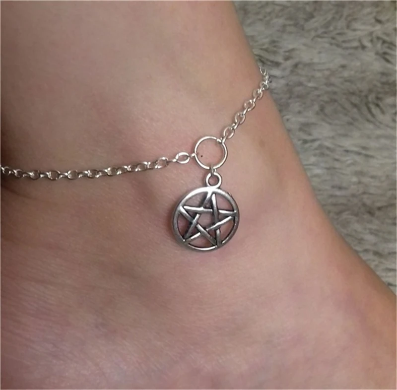 Silver Color Pentagram Anklet , Wicca Anklet , Pentacle Anklet , Ankle Bracelet , Pagan , Wiccan , Beach Jewelry