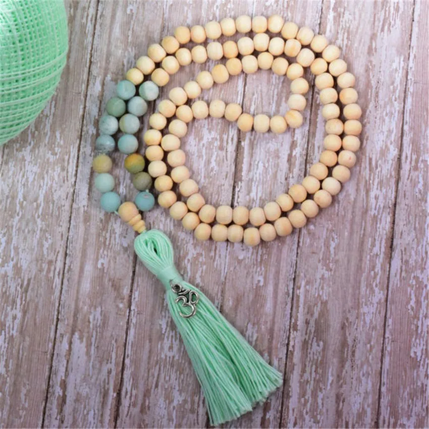 8mm Beige Prayer Beads Amazonite Handmade Tassel Necklace Mala Retro Yoga Buddhist Tibetan  Meditation Yoga Mala Religious Men