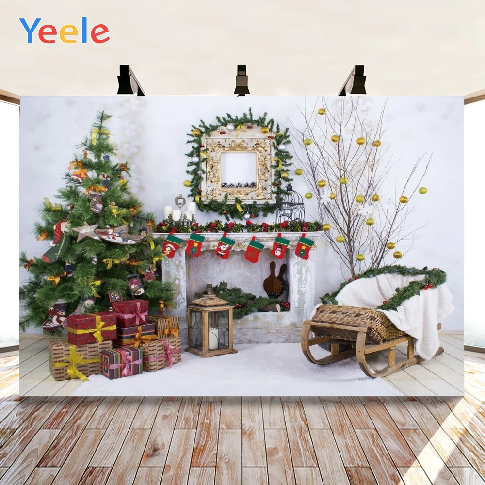 Yeele Merry Christmas Party Photography Backdrops Christmas Tree Fireplace Gift Background Baby Shower Decor For Photo Studio