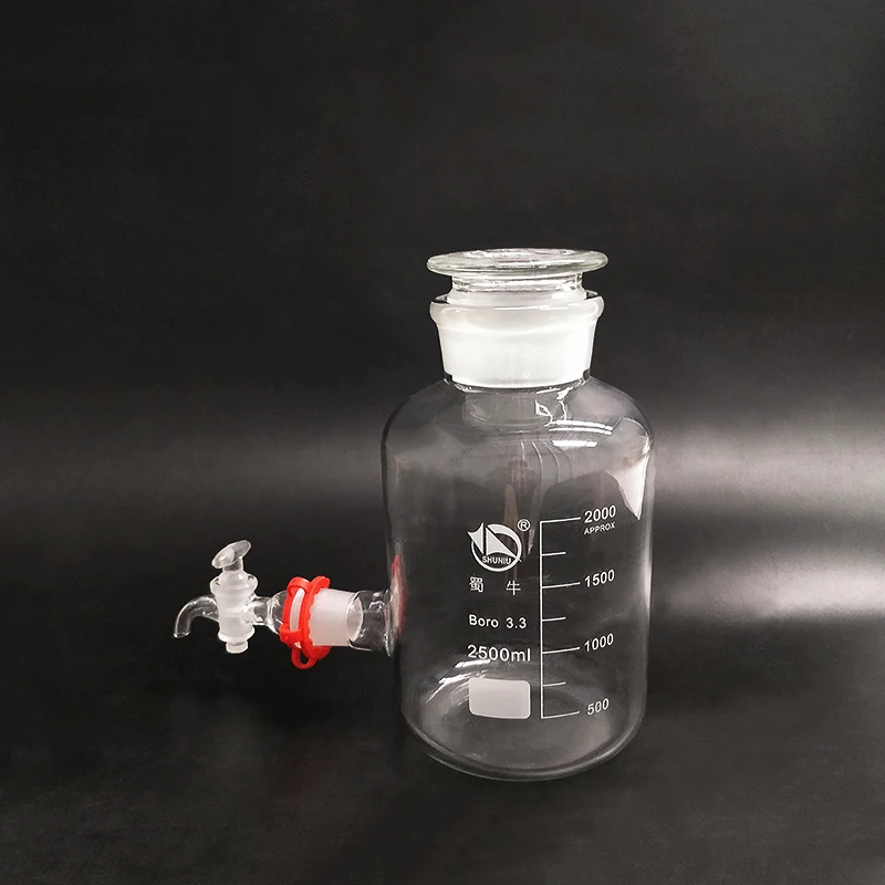 

Laboratory aspirator bottle 2500ml,Wide mouth,Clear with tick marks,With ground-in glass stopper and stopcock