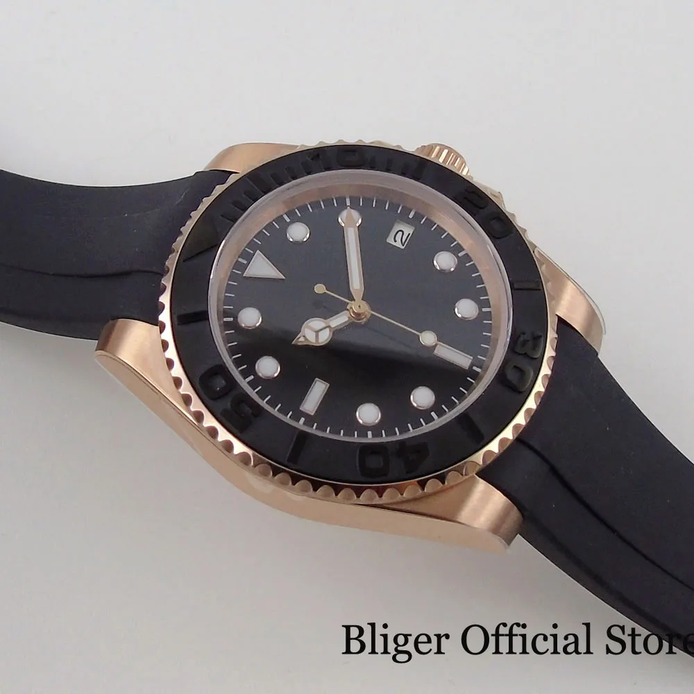 BLIGER 40mm Rose Gold Automatic Mens Watch 24 Jewels NH35A PT5000 Sapphire Glass Curved End Rubber Strap Luminous Black Dial