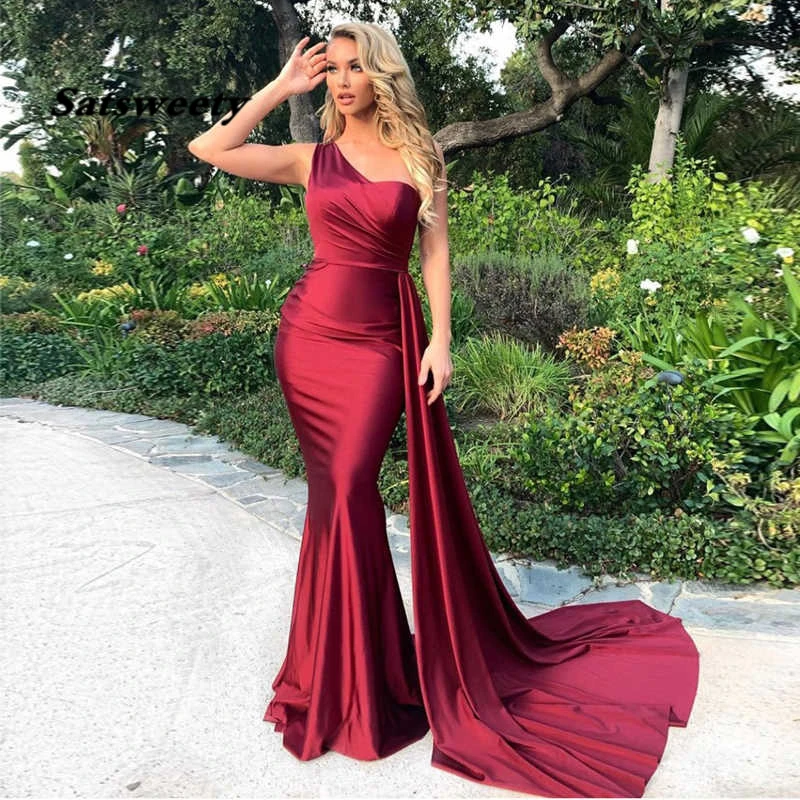 

Sexy Burgundy Prom Dress One Shoulder Sleeveless Satin Maxi Dress Draped Long Evening Party Gowns Vestido Largo Sirena