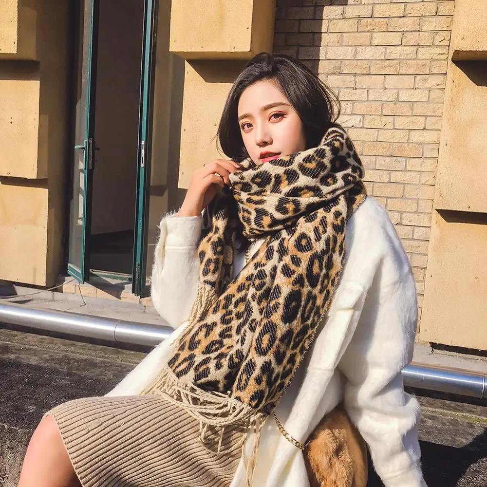 Brown Poncho Leopard Femme Women Winter Blanket Scarf Warm Soft Cashmere Thicken Long Ladies Tassel Scarves Poncho Foulard 2019