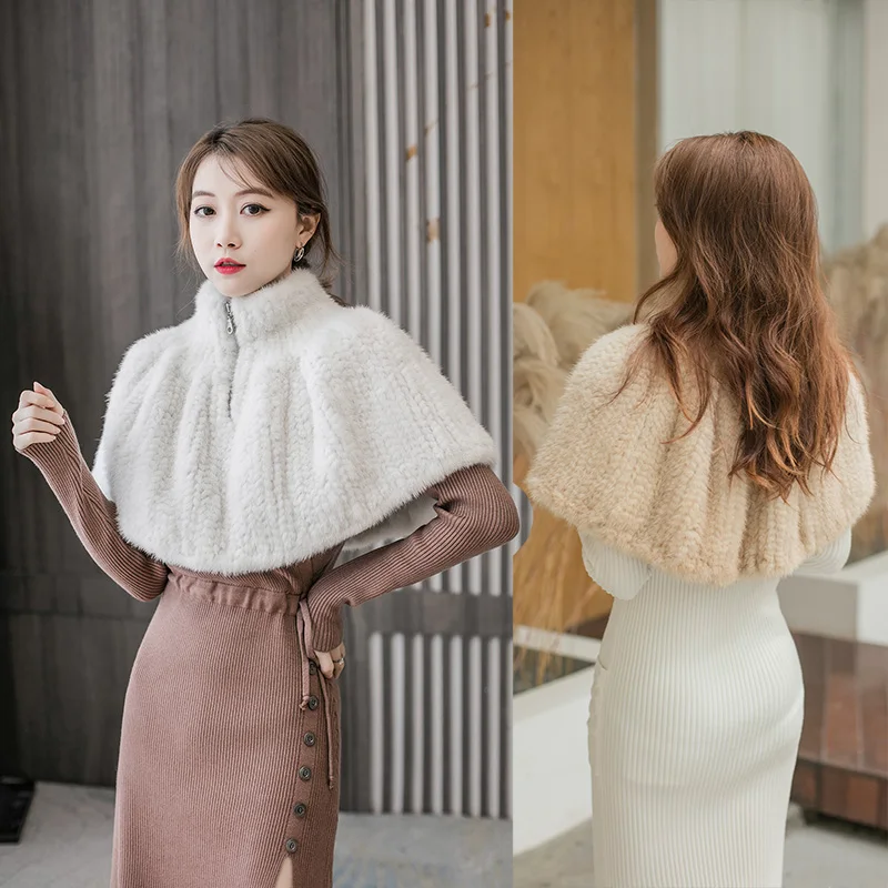 Real Mink Fur Cape Shawl for Women, Hand Woven, Shoulder Cover, Poncho, Keep Warm, Wedding Dress, Fashion, Autumn and Winter