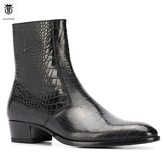 

2020 FR.LANCELOT Brand Black Snakeskin Genuine Leather High Top Men Boots Elastic band Chelsea Boots Flats Shoes Mens Zapatillas