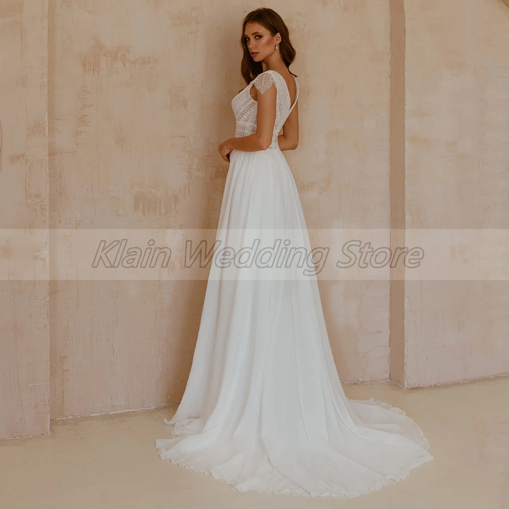 Customized Weilinsha Lace V Neck Wedding Dress 2023 Ladies Classic Sleeveless Cap Sleeve Court Train Chiffon Bridal Gowns Robe D