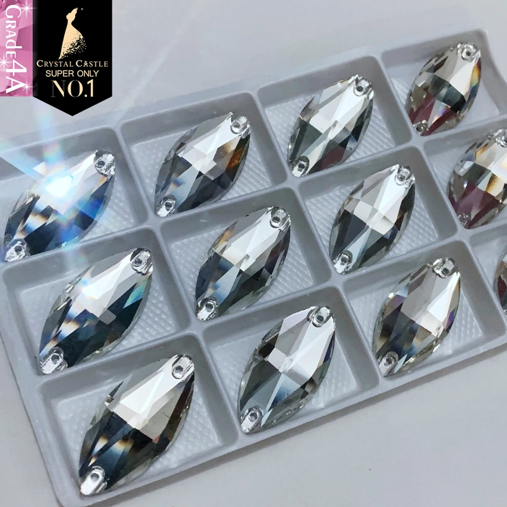 Crystal Castle 4A Glass Gemstones for Clothes, Oval Drop, Navette Leaf, Clear White AB Flatback Strass, Sew On Rhinestones