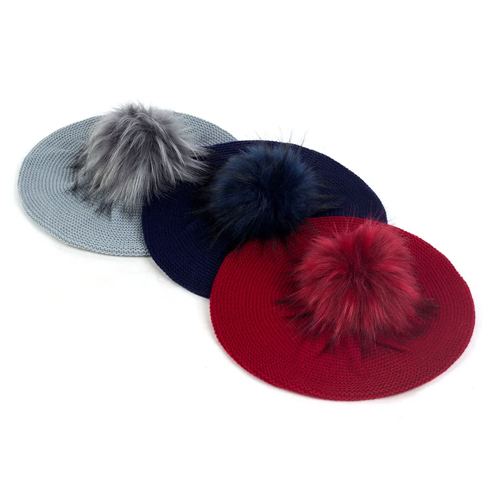 Geebro Slouchy Fashion Knitted Beret For Women Acrylic Hats Faux Fur Pom Pom Casual Bonnet Caps Female Solid Artist Baggy Beret