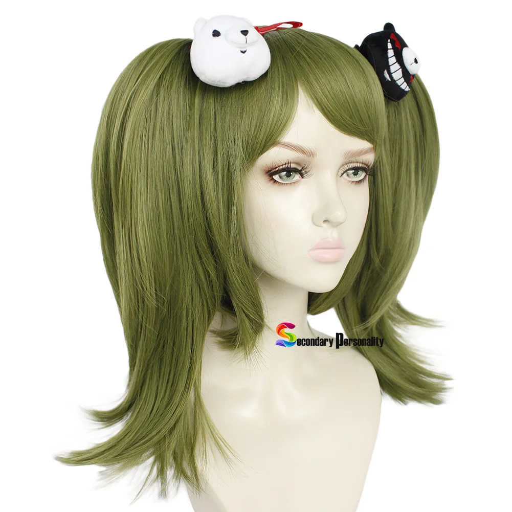 Juego Danganronpa Cosplay Monaka Monaca Towa peluca Dangan Ronpa verde Clip coletas Peluca de pelo resistente al calor