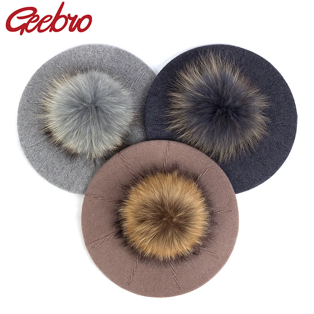 

Geebro Women Elegant Sweet Solid Color Soft Berets Girls Winter Warm Hats Ladies Lovely Party Cap With Real Fur Pompom Bonnet