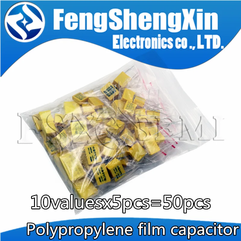 10valuesx5pcs=50pcs Polypropylene film capacitor KIT X2 Safety Capacitor 275VAC 102K-105K 1NF~1UF Assorted Kit