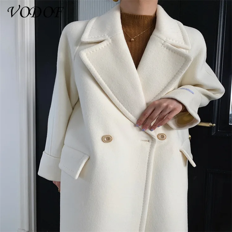 

VODOF Winter White Elegant Wool Blended Women's Korean Fashion Black Long Coat Retro Minimalist Wool Coat Camel Oversized Coat