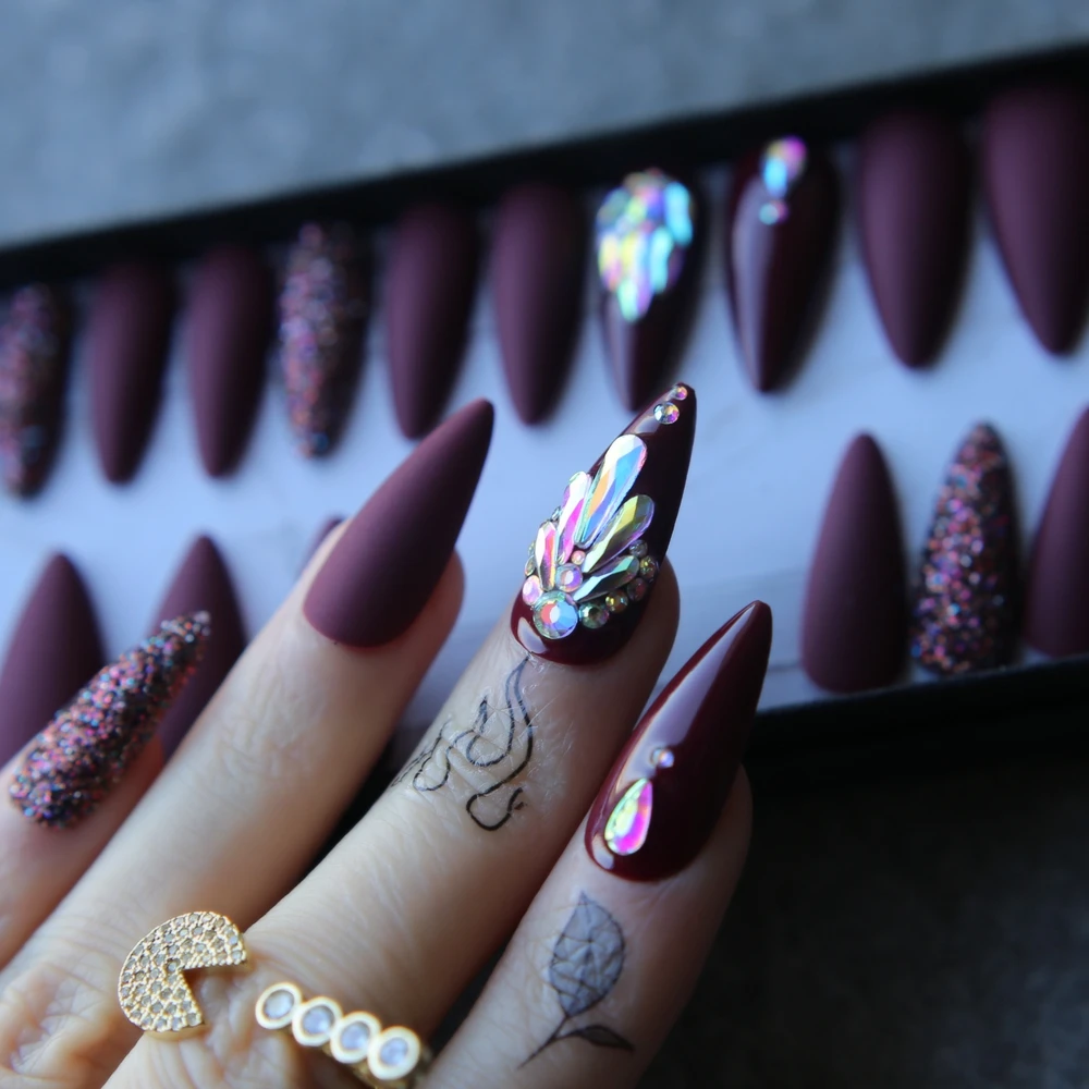 Salon Matte Long Stiletto Burgundy Fake nails crystal coffee glitter false nails full set press on nails 24pcs custom box nails