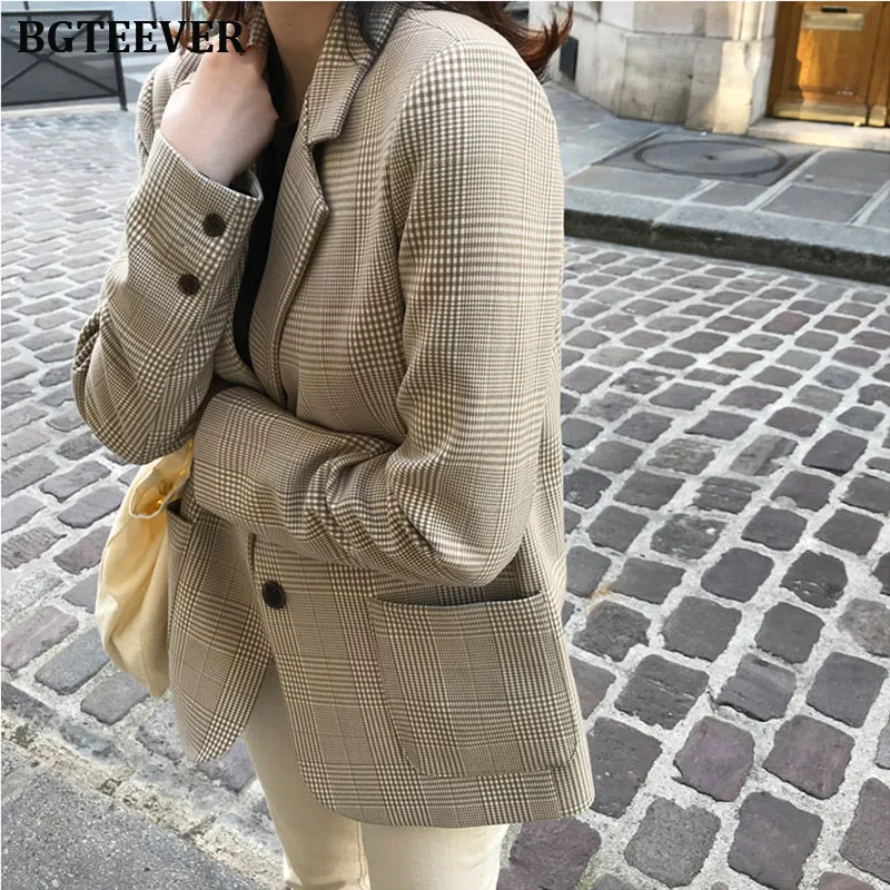 Vintage Women Plaid Blazer Coat Houndstooth Pattern Single-breasted Female Suit Jackets 2019 Autumn Loose Blaser Outwear Femme