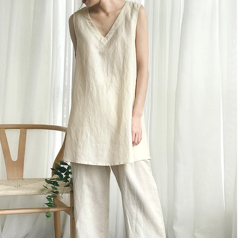 100% Linen V-neck Sleeveless Tank Tops 2021 Summer New Women Solid Casual Loose Long Top Plus Size Woman Clothes