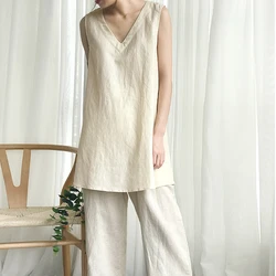 100% Linen V Neck Sleeveless Tank Top Women Casual Loose Summer 2026 Blouse