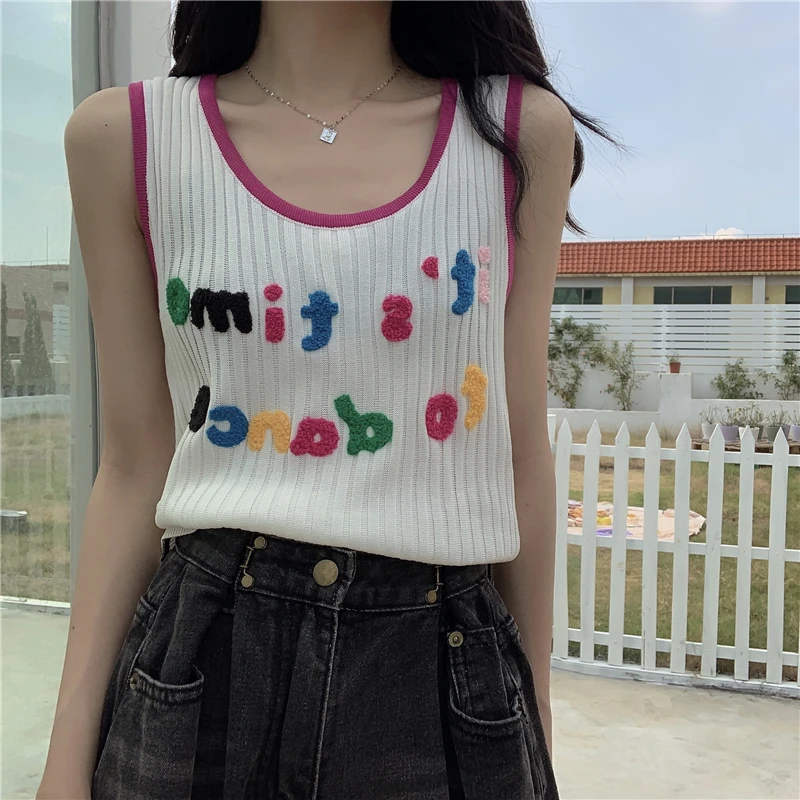 HELIAR Women Tank Tops Plain Letters Embriodred Cute Tanks Women Round Neck Sweet Candy Knitted Tank Tops For Women 2024 Summer