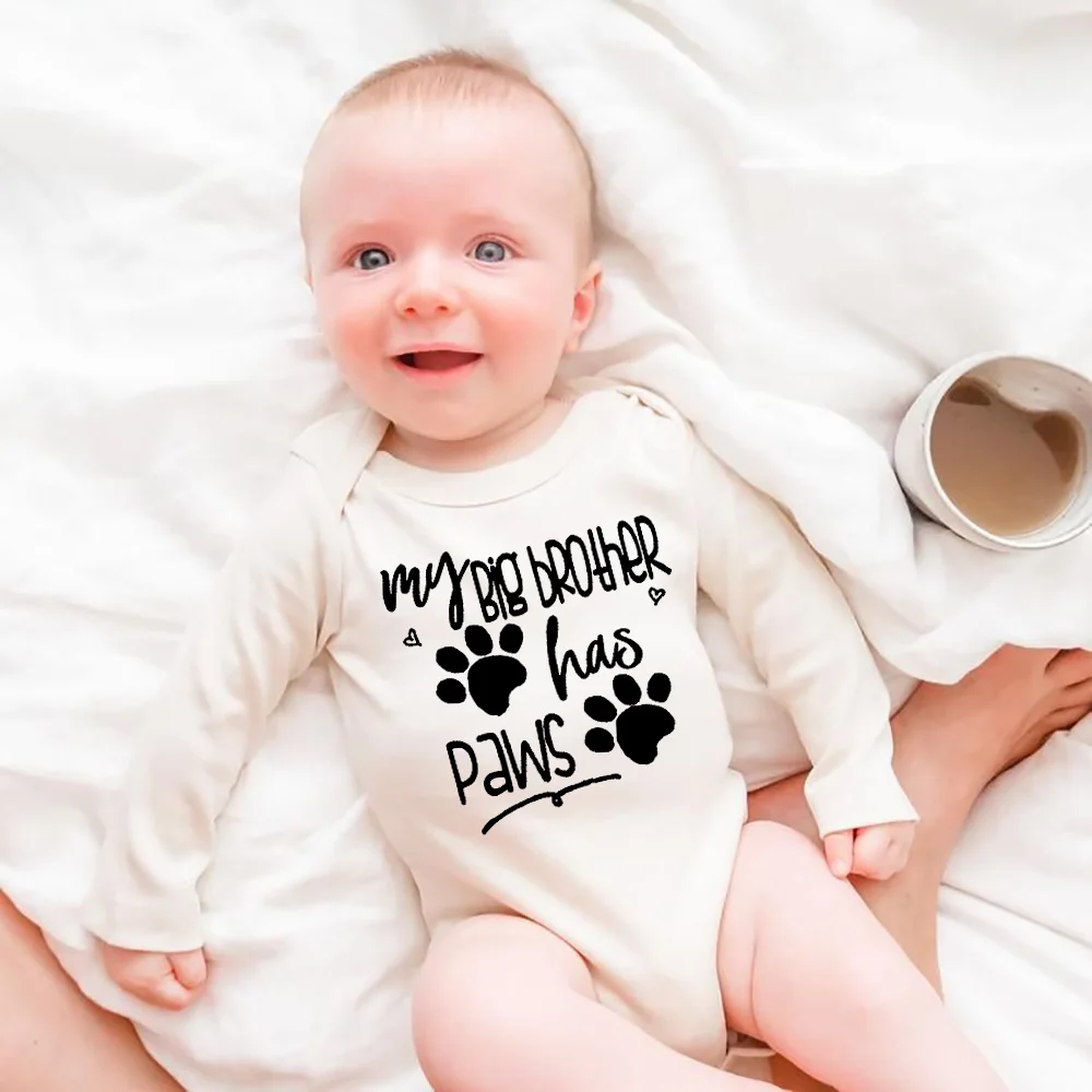 

My Big Brother Has Paws Funny Infant Newborn Bodysuits Boys Girls Unisex Long Sleeve Jumpsuit Playsuits Kids Comfortable Clothes