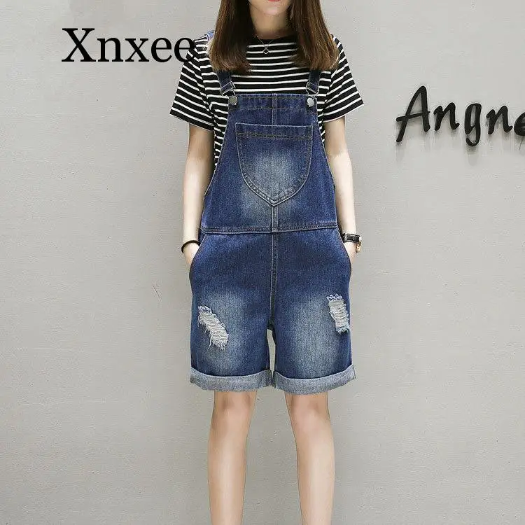 Lỗ Dễ Thương Phong Cách 5XL Big Size Quần Jumpsuit ỐNg RộNg Dây Quần Short Denim Cổ Túi Jean Áo Liền Quần Rách Denim áo Liền Quần