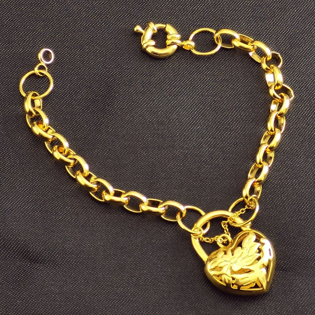 18k Gold Plated 4mm Chain Width Heart Belcher padlock womens solid bracelet jewllery