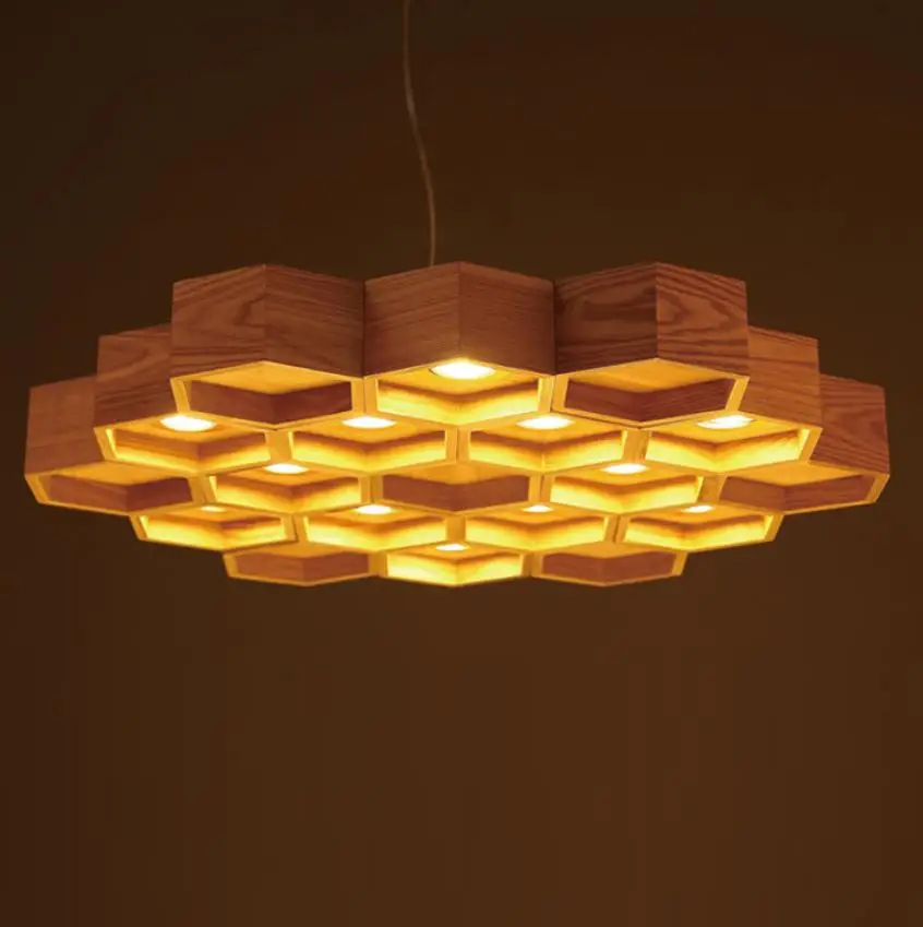 

Wood Lighting Honeycomb Art Creative Lighting Solid Wood Art Modern Simple Living Room, Bedroom, Restaurant, Bar Chandelier