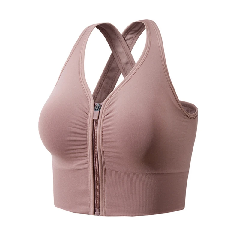 Zipper Front Gathered Shockproof Sport Bras Women Yoga Bra Cross Straps Padded Gym Crop Tops Fitness Running Vest Gymwear Female