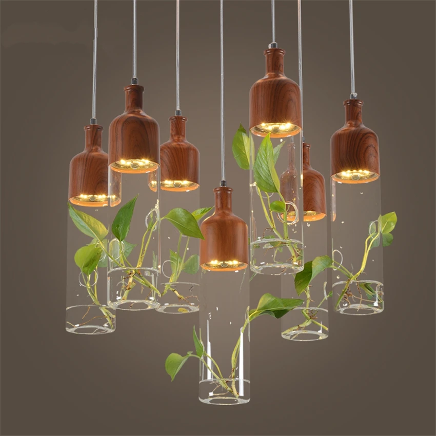 

LED Restaurant Pendant Lights Dining Room Modern Field Wood Plant Glass Bottle Pendant Lamps Bar Cafe Bar Hanging Deco Lighting