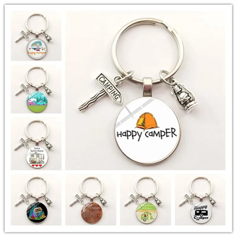 New Creative Camper Car Keychain Street Sign Cartoon Cute Glass Cabochon Tourists Handmade Key Ring Traveler Gift Charm Souvenir