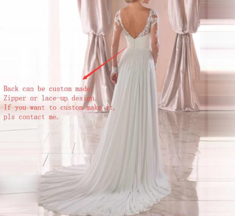 Sexy Backless Illusion Sleeve V-Neck Chiffon Sweep Train Bohemian Lace Wedding Dress Bride Gown Vestidos De Novia robe de mariée