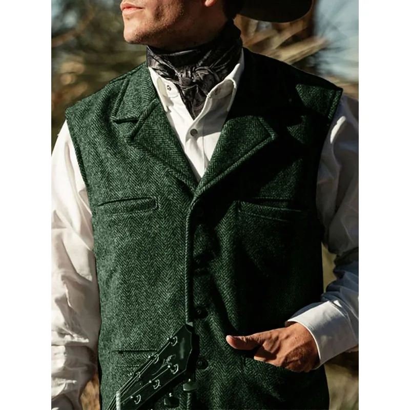 Men\'s Vest Herringbone Wool Vest Wedding Groom Vest Western Cowboy Vests Steampunk Vest Slim Fit Sleeveless Waistcoat