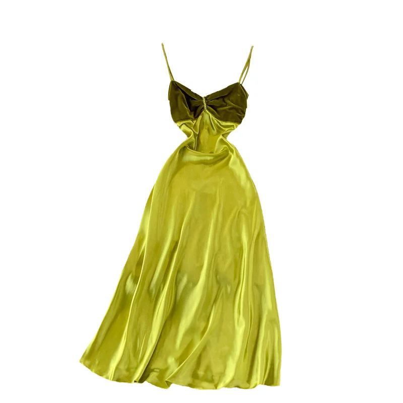 해변 해변 스파게티 스트랩 슬립 드레스, 연예인 스타일 가벼운 럭셔리 연회 새틴 드레스, 여성 이브닝 파티 무릎 긴 드레스