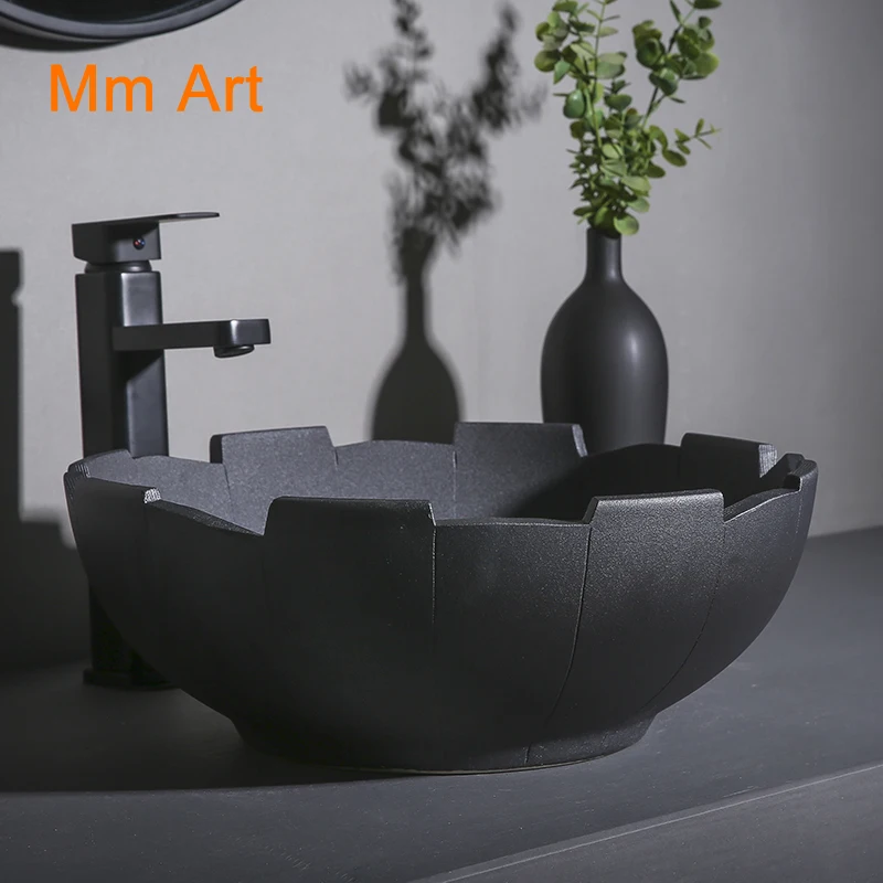 Black desk basin, creative art basin, industrial wind ceramic wash basin, home wash basin, balcony, sink plate