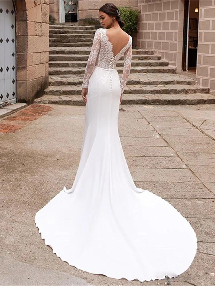 خمر كم طويل حورية البحر فستان الزفاف س الرقبة سويب تراين عارية الذراعين الدانتيل زين فستان زفاف Vestidos De Noiva مخصص